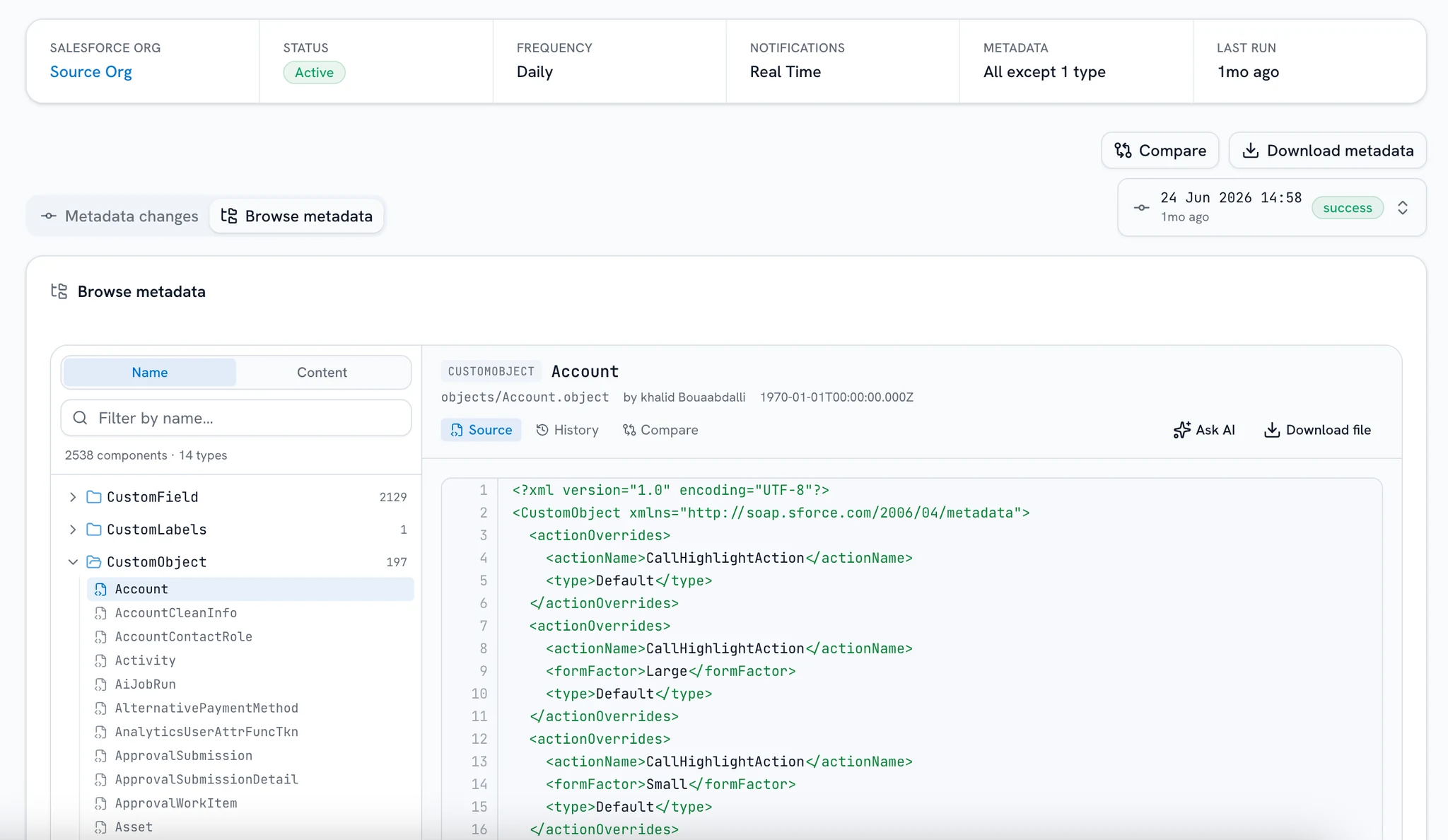 A metadata change opened as a side-by-side diff